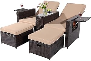 VUYUYU 5PCS Outdoor Wicker Chaise Lounge Chair - Rattan Adjustable Reclining Patio Lounge Chair with Ottoman and Coffee Table, for Patio Beach Pool Backyard (Brown Wicker Khaki Cushion)
