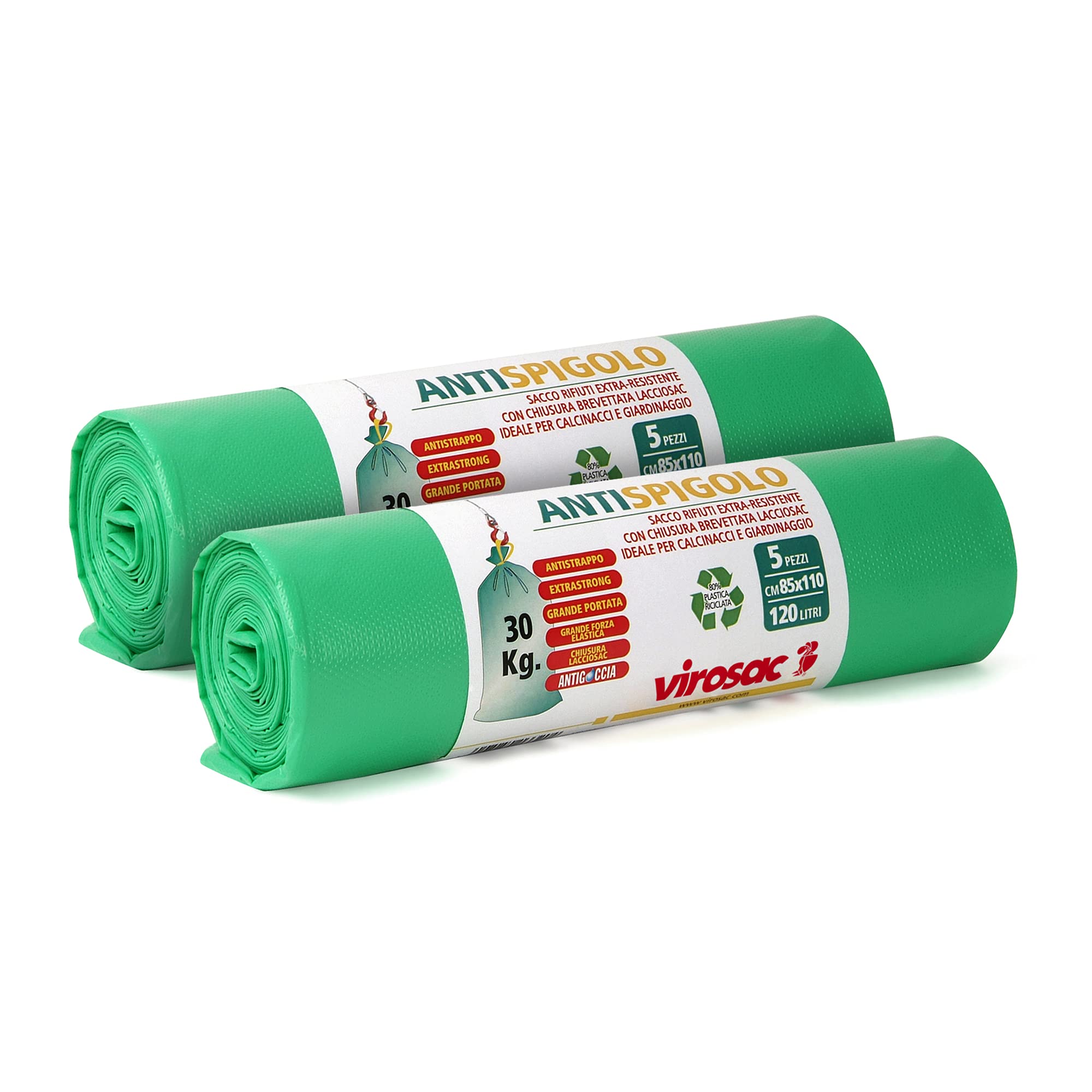 VIROSAC Anti-Edge - Robust and Durable Bags Ideal for Gardening and Rubble with Integrated Closure - 10 Green Bags Size Xxl, 10 Units