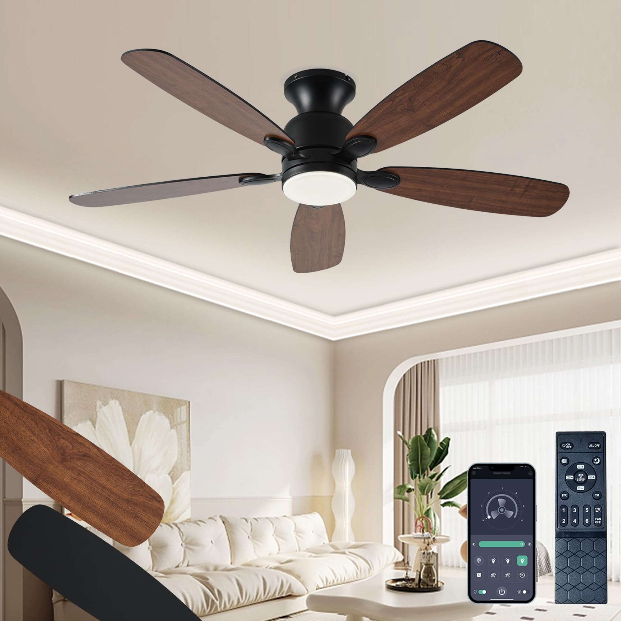 Photo 1 of NKPU 52inch Low Profile Ceiling Fan with Light and Remote/APP Control,Reversible DC Motor,Noiseless,Dimmable,Modern Flush Mount Ceiling Fan for Bedroom,Indoor/Outdoor Use(Brown)