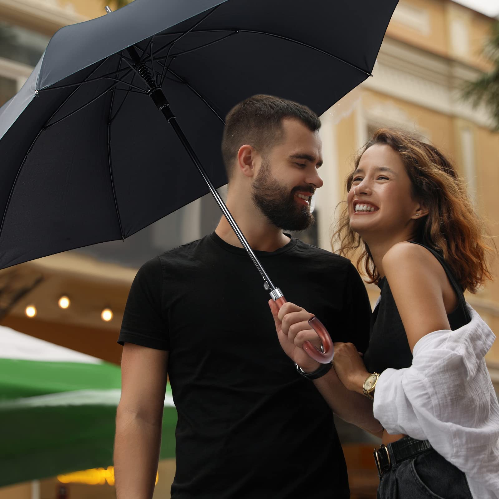 Silkfly 48 Inch Auto Open Umbrella Large Wooden J Stick Handle Vintage Windproof Travel Wedding Fast Drying Rain Umbrella