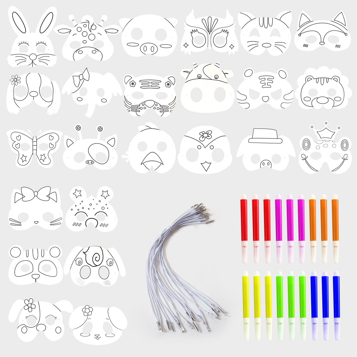 CQQNIU 24 Masks & 3 Color Pen Sets, DIY Animal Masks for Kids with Bungee Strings, Birthday Party Cosplay