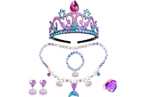 Keenjorika 6pcs Girls Princess Necklace Bracelets Ear Clips Set Mermaid Crown Pendant Colorful Plastic Princess Party Dress Up Pretend Play Christmas Gift