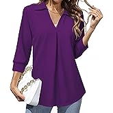 Heat Move Women's 3/4 Sleeve Length Tops Collared V Neck Shirt Dressy Casual Business Blouses for Work Professional