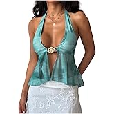 SOLY HUX Women's Halter Deep V Neck Mesh Crop Top Tie Backless Flowy Crop Tank Tops Night Out Clubwear