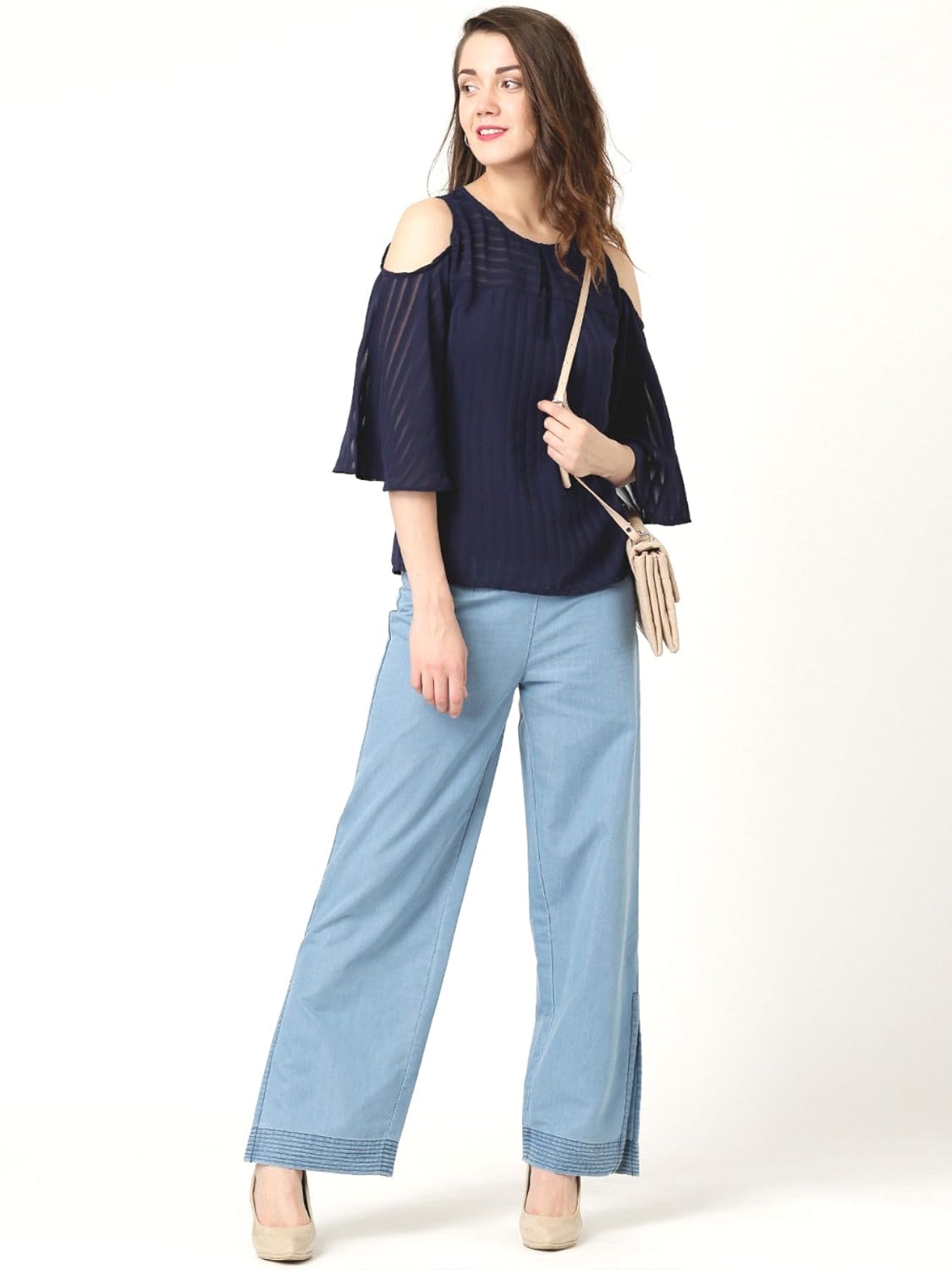 marie claire women navy self-striped cold shoulder top (mc10270)