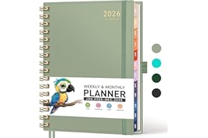 RETTACY 2026 Planner, Weekly and Monthly, Medium Size (5.7" x 8.3"), Jan - Dec 2026, Agenda, Calendar, 12 Month Tabs, Flexible Plastic Cover, 100 GSM Thick Paper, Spiral-bound (Light Green)