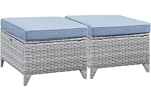 Rilyson Outdoor Ottoman Wicker Patio Ottomans - 2 Piece Footrest Footstools Set Rattan Outdoor Ottomans for Patio with Thick Cushions(Light Grey/Sky Blue)