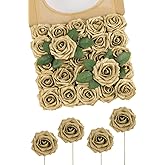 N&T NIETING Artificial Flowers Glowing Gold Flowers Foam 25pcs Glitter Roses Real Looking Fake Roses with Stem for DIY Wedding Bouquets Centerpieces Bridal Shower Party Home Decorations
