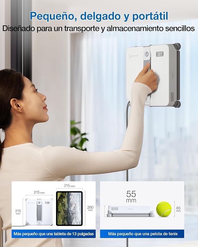 WINBOT Mini 2 Robot Limpiacristales, Cepillos Laterales para Esquinas y Pulverización Ultrasónica, Ultrafino para Ventanas Estrechas, Navegación Inteligente, 6 Modos App, Protección 10 Niveles