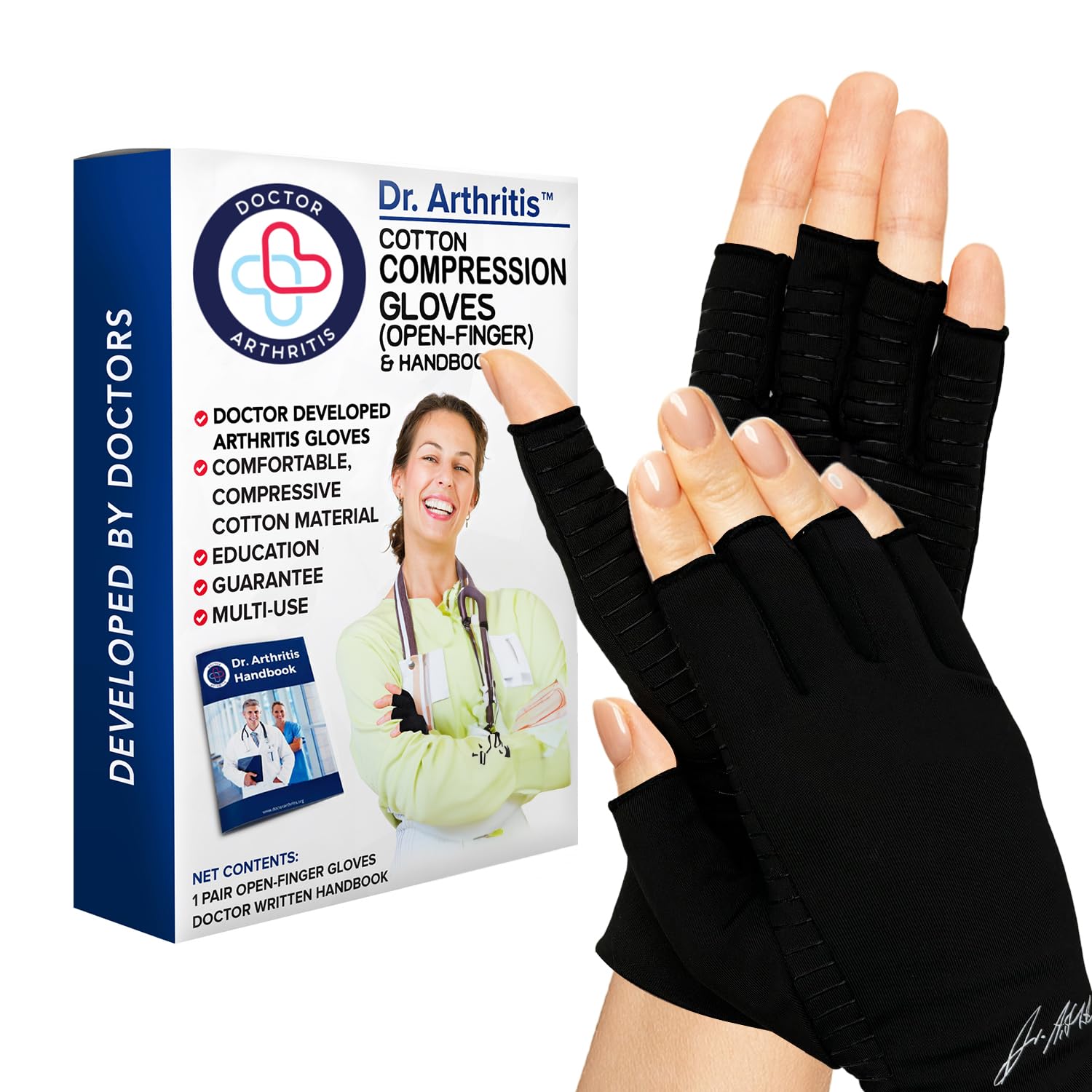 Dr.Arthritis Arthritis Copper Compression Gloves for Women and Men & Doctor Handbook, Carpal Tunnel Gloves, Hand Brace for Arthritis Pain and Support (Black, XX-Large)