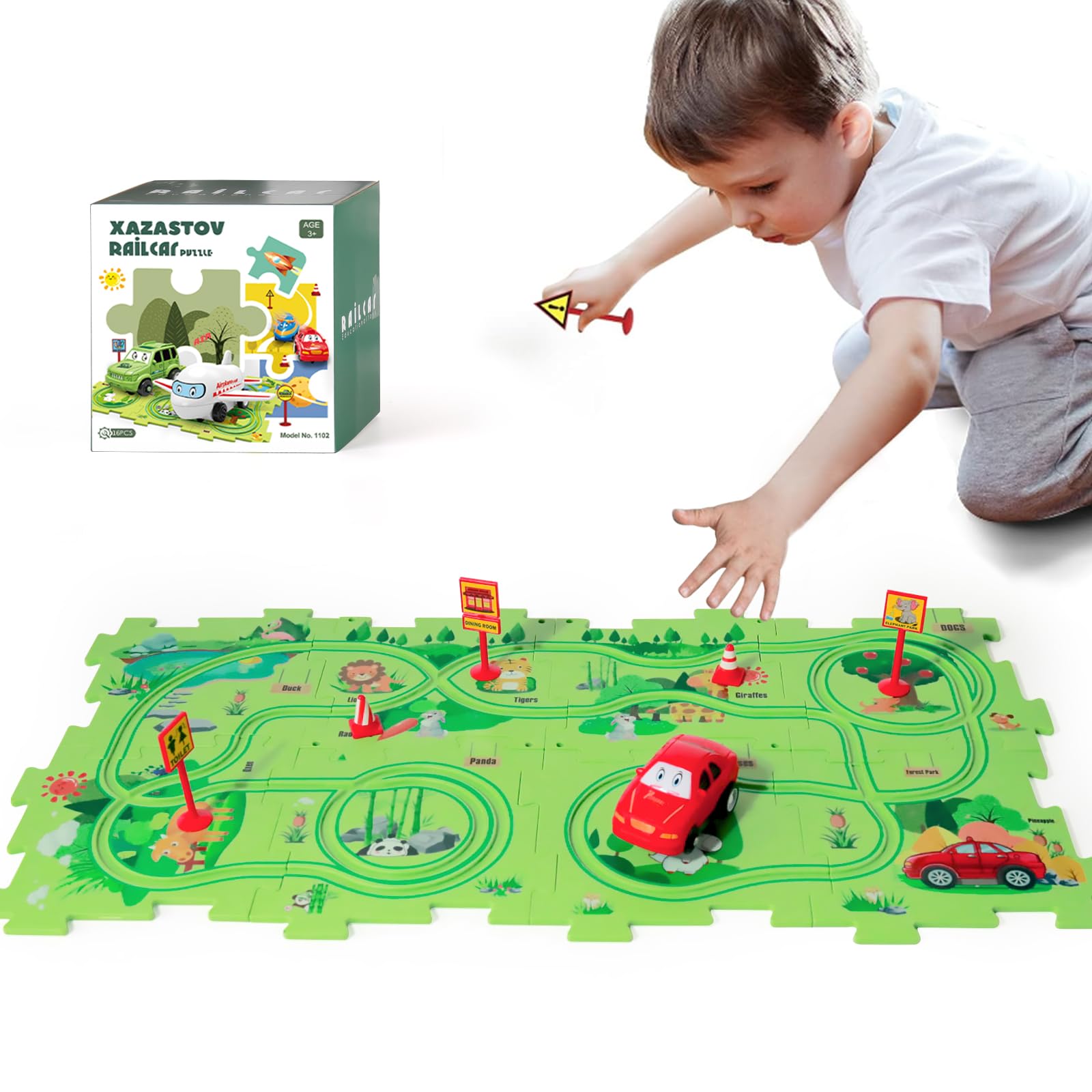 Photo 1 of XAZASTOV Puzzle Racer Kids Car Track Set, Plastic Floor Puzzles for Kids with Vehicles, 2 3 4 5 6 Year oOld Boy Toys Gift, Toys for 2 3 4 5 6 Year Old Boys