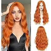 YBYMCAI Long Orange Wavy Wigs for Women Middle Part 26 inch Natural Curly Synthetic Wig Heat Resistant Fiber Wigs for Daily Party Use