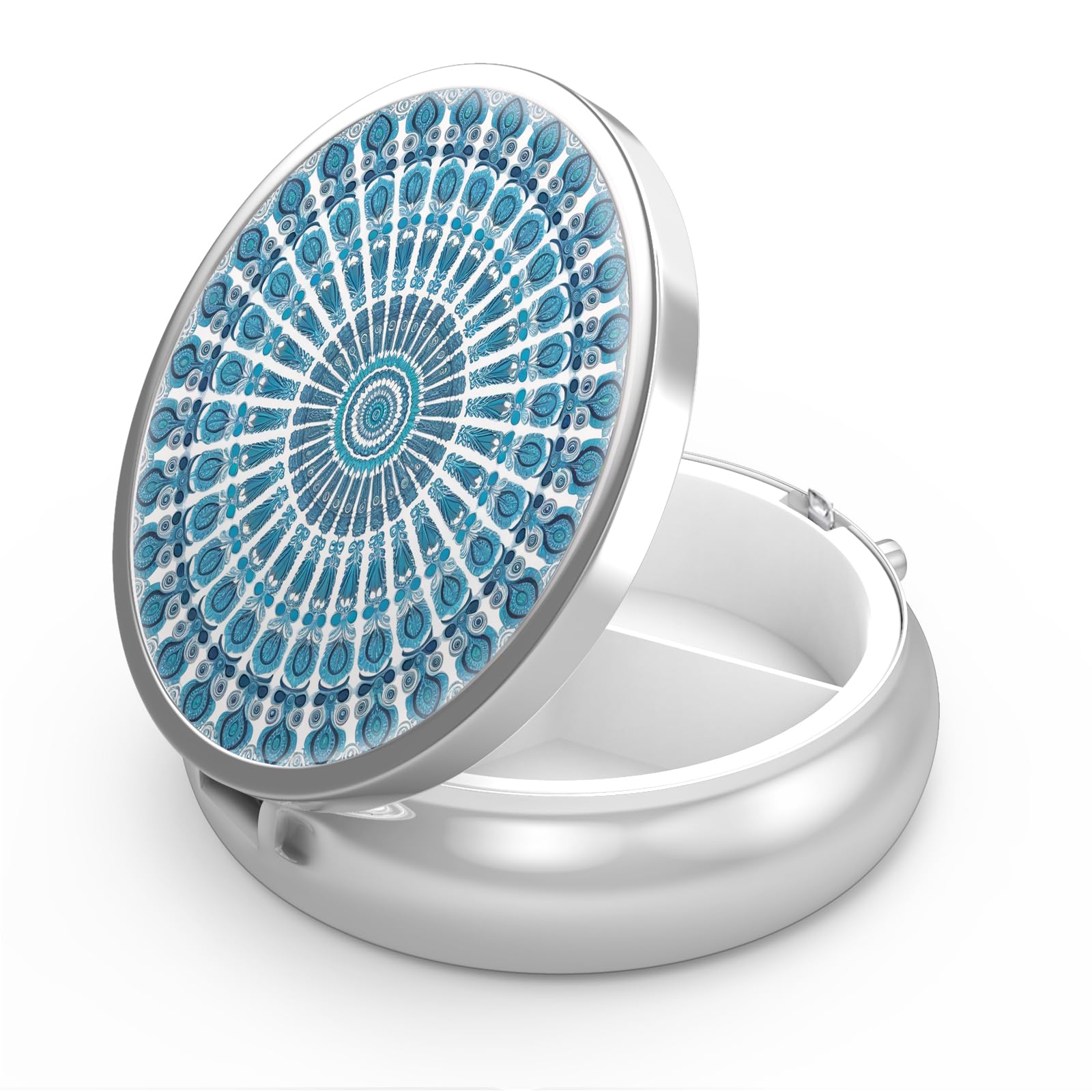 Peacock Sky Blue 3-Compartment Medicine Case, Portable Pill Organizer with Decorative Metal Design, Unique Gift