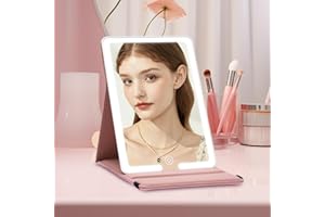 JJHXR Lighted Travel Makeup Mirror, PU Leather Makeup Mirror with Light 3 Color Modes, Rechargeable 1500mAh Vanity Mirror with Light, 8x5.5inch Desktop Cosmetic Light Up Mirror, Travel Accessories for Women