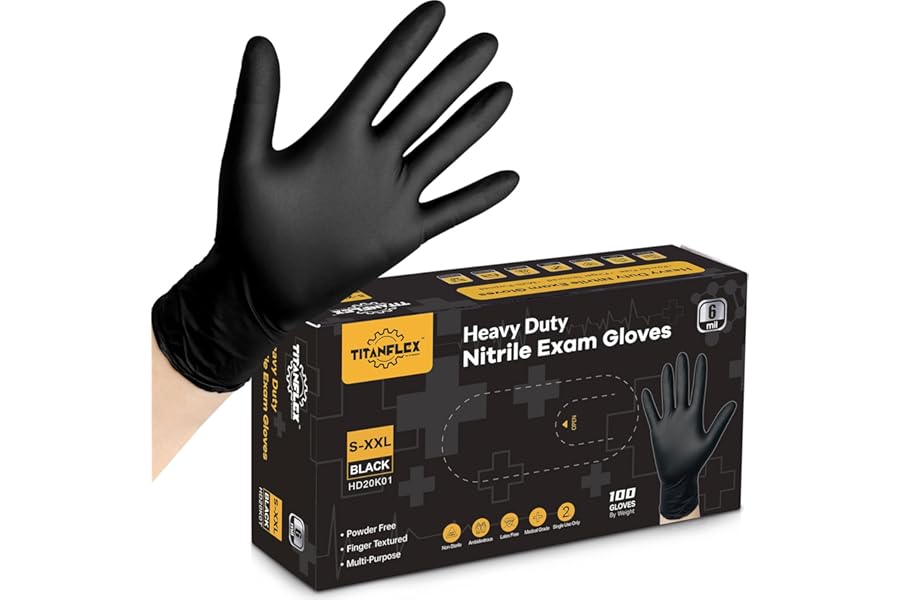 TitanFlex Disposable Nitrile Exam Gloves, 6-mil, Black, Heavy Duty, Latex Free, Food Safe for Cooking & Food Prep