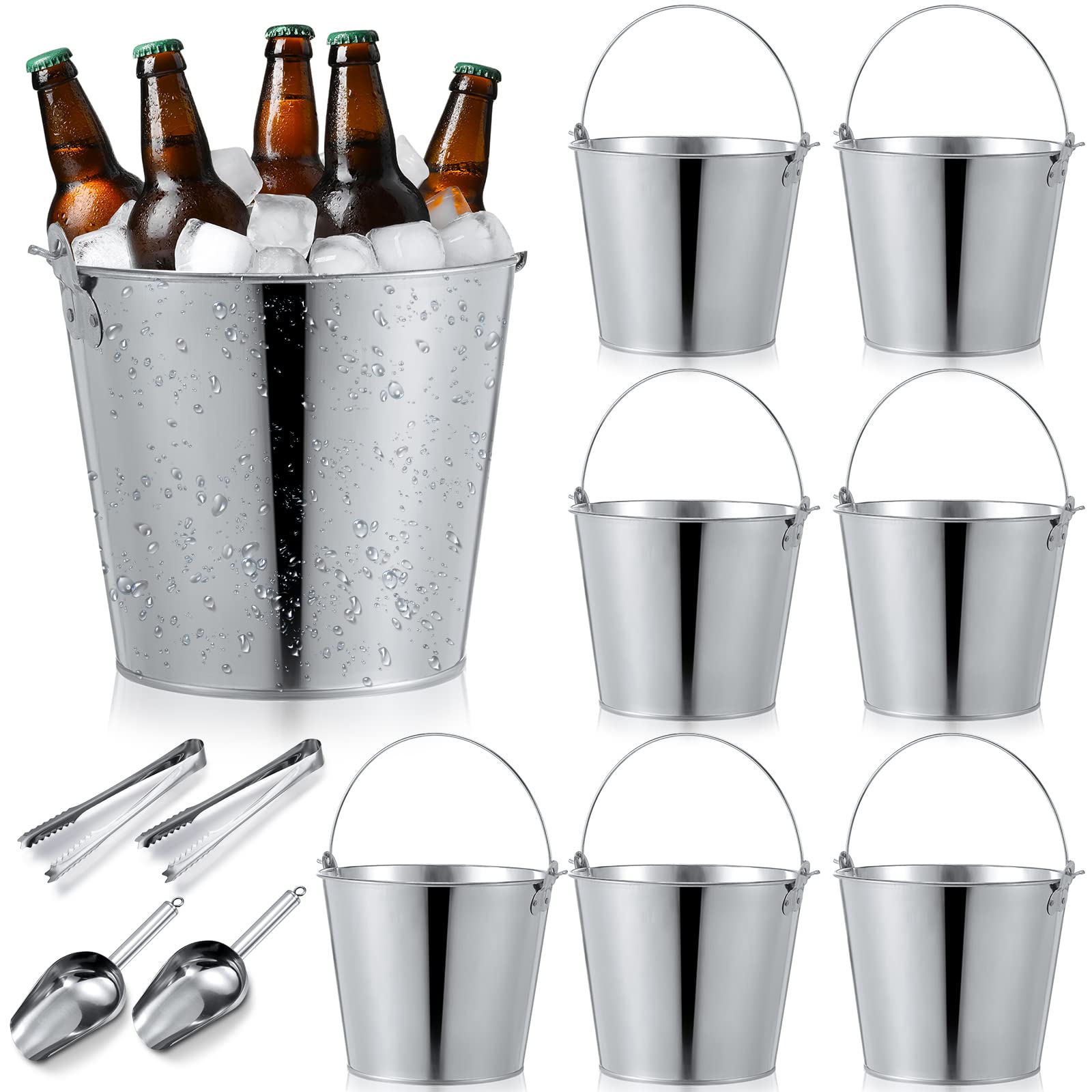 Photo 1 of Mumufy 12 Pcs 10l Large Metal Beer Bucket 10.6 x 10.2 x 7.5'' with Ice Shovels and Tongs Galvanized Metal Ice Bucket Tin with Handle for Summer Pool Wedding Party Supplies Wine Champagne Bar