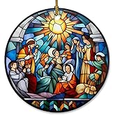 Elegant Stained Glass Style Nativity Scene Christmas Tree Ornament - Ceramic Holiday Decor - Religious Gift