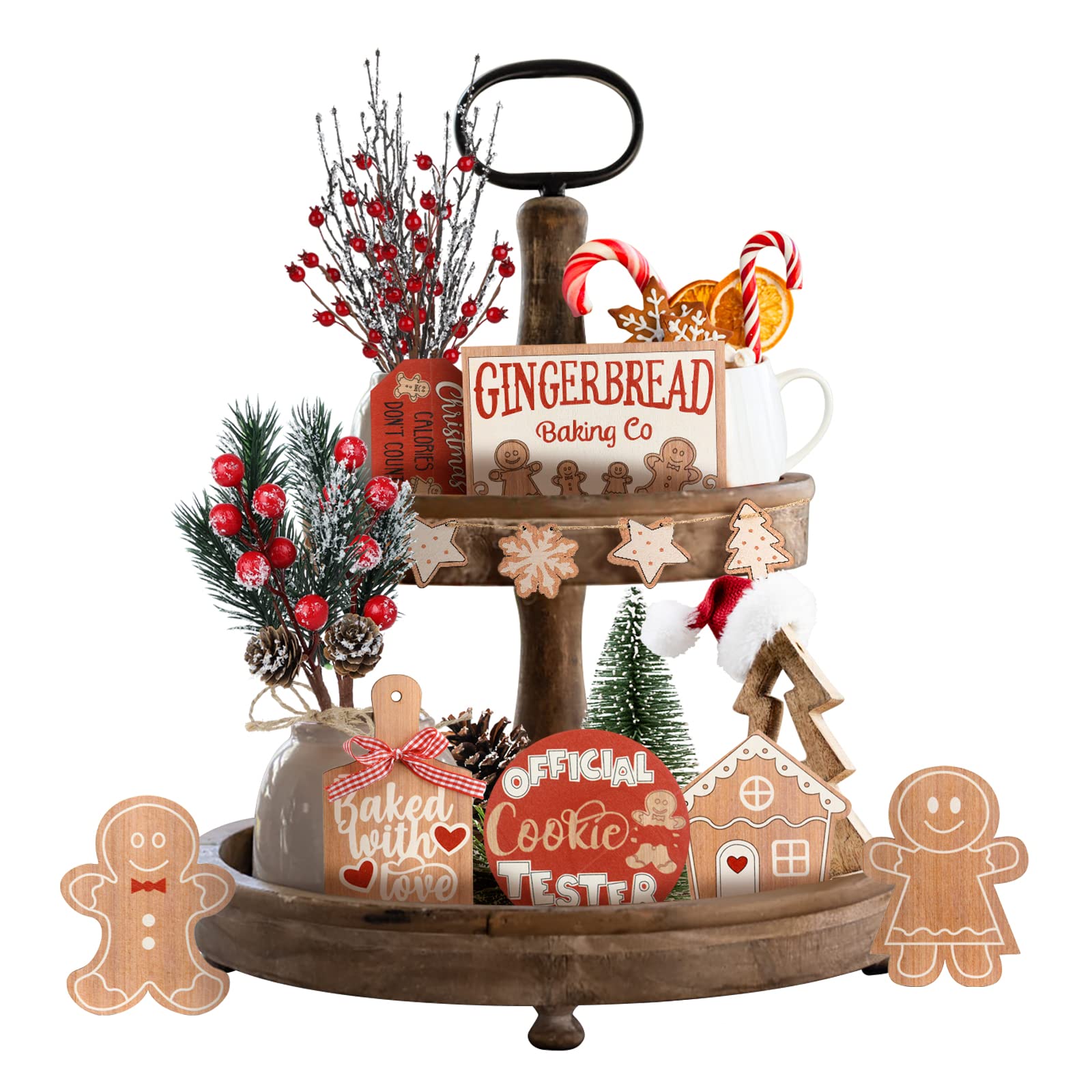 RENXR Julyue 12Pcs Christmas Tiered Tray Decorations Set, Winter Gingerbread Man Theme Wooden Tabletop Signs, Farmhouse Xmas Tiered Tray Decor for Home Kitchen Party 1
