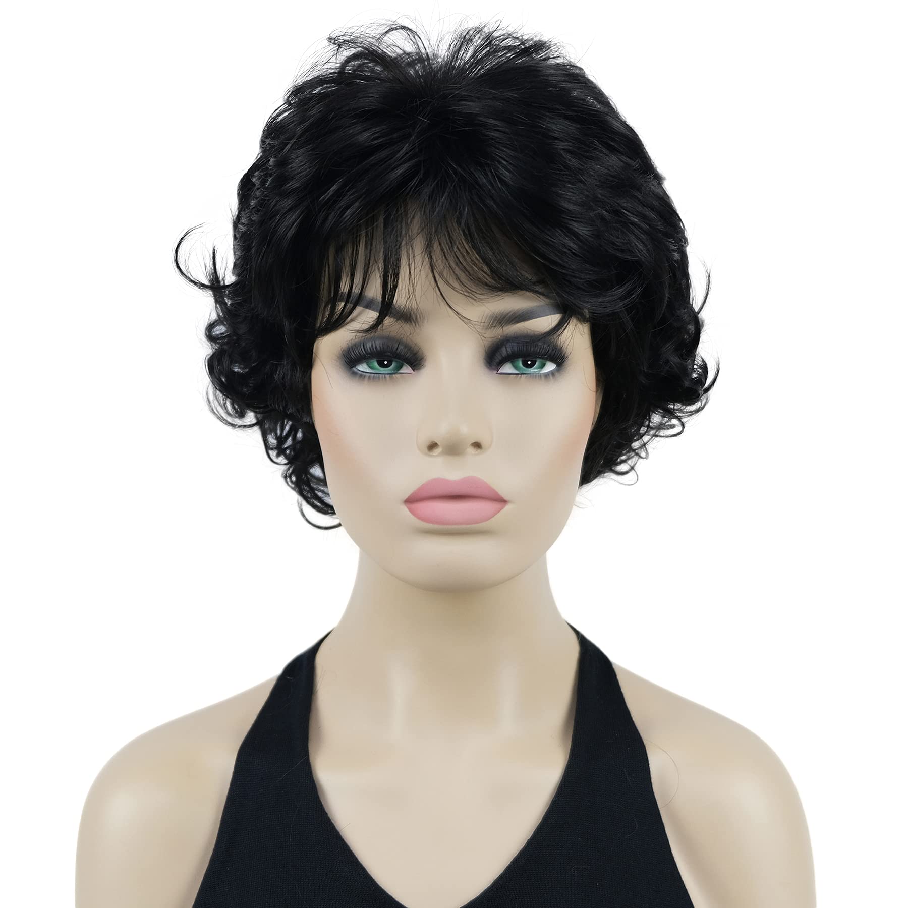 Lydell 8" Short Curly Women Wigs Soft Shaggy Layered Classic Cap Full Synthetic Wigs (Natural Black)