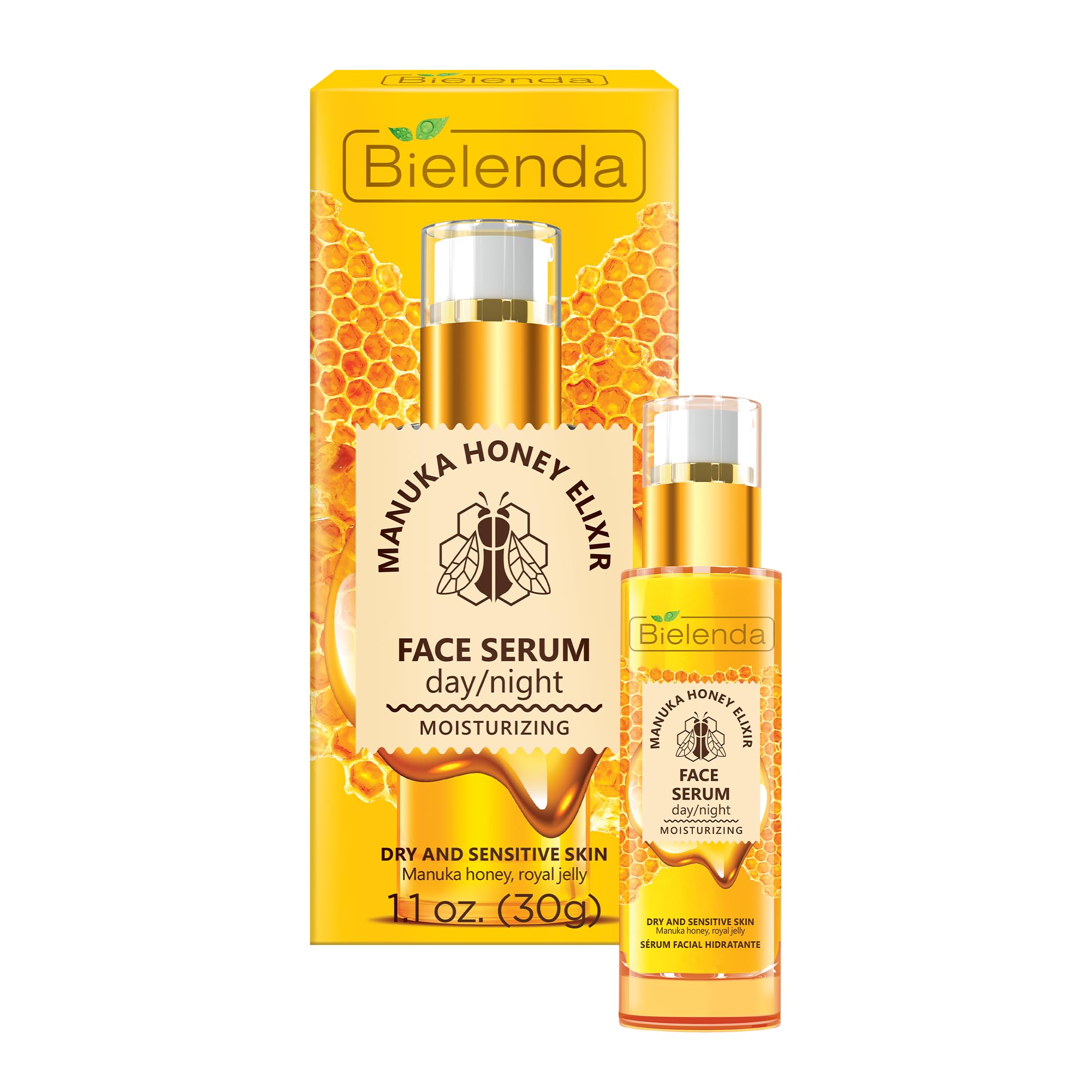 Bielenda Manuka Honey Nourishing and Hydrating Face Serum, Enriched with Manuka Honey, Vitamin C and B, for Dry and Sensitive Skin, Day/Night, 30 ml