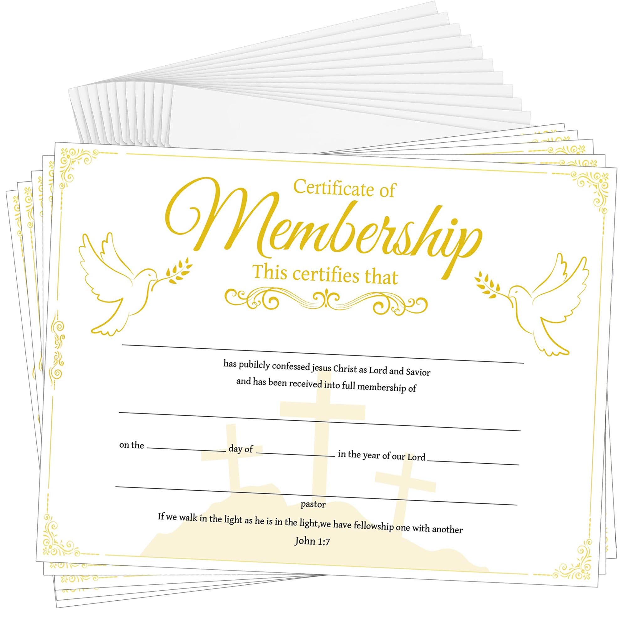 Church Membership Certificate with Envelopes 15 Pcs Gold Foil Certificate of Membership Cards Christian Religious Membership Recognition Certificate 11 x 8.3 Inch
