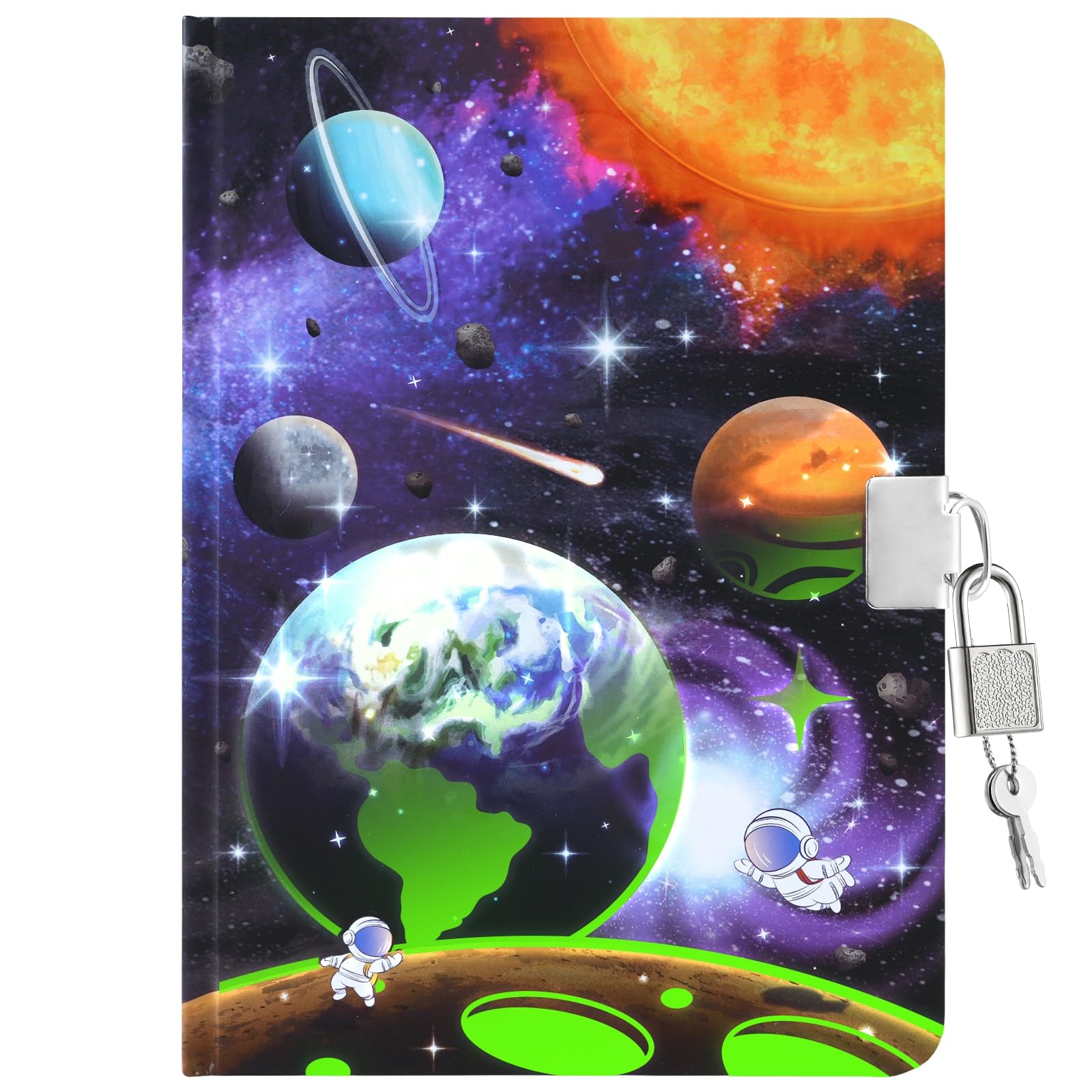 WERNNSAI Kids Diary for Boys Planet Journal - Kids Luminous Journal Travel Diary, School A5 Lined Memos Writing Drawing Notepad with Lock and Keys, Planet Notebook Birthday Gift — image 1