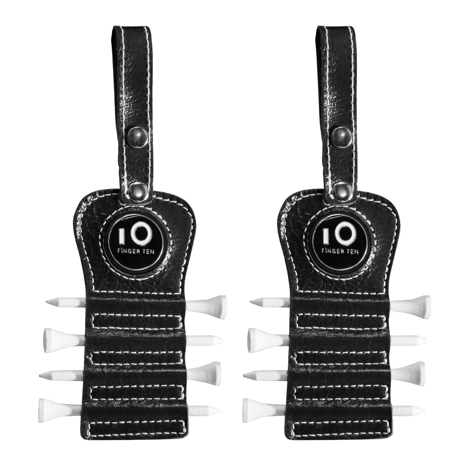 Golf Tee Holder Value 2 Pack for Golf Bag with Free Ball Marker and 4 Pcs Wood Tees Golf Gift Set, Luxury Leather Gift Hook to Golf Bag Belt Clip (Black)