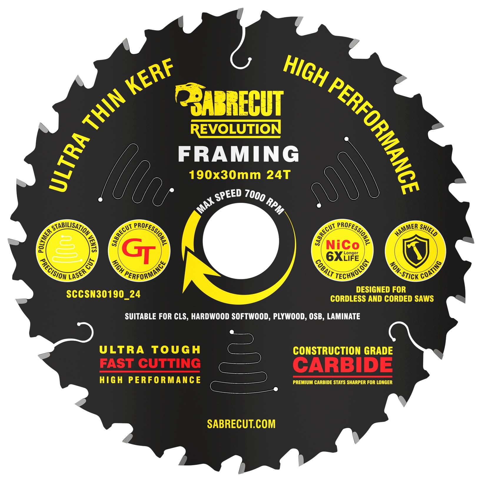 1 x SCCSN30190_24 SabreCut 190mm 24T x 30mm Bore High Performance Ultra Thin Kerf Wood Plywood MDF Chipboard Framing Circular Saw Blade