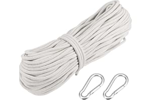 SINJEUN 1/4 Inch Natural White Cotton Rope, 328 Ft Cotton Clothesline with 2 Snap Hooks, All Purpose Braided Cotton Rope for Clothes Hanger Garden Flower, Craft Knitting Thread String