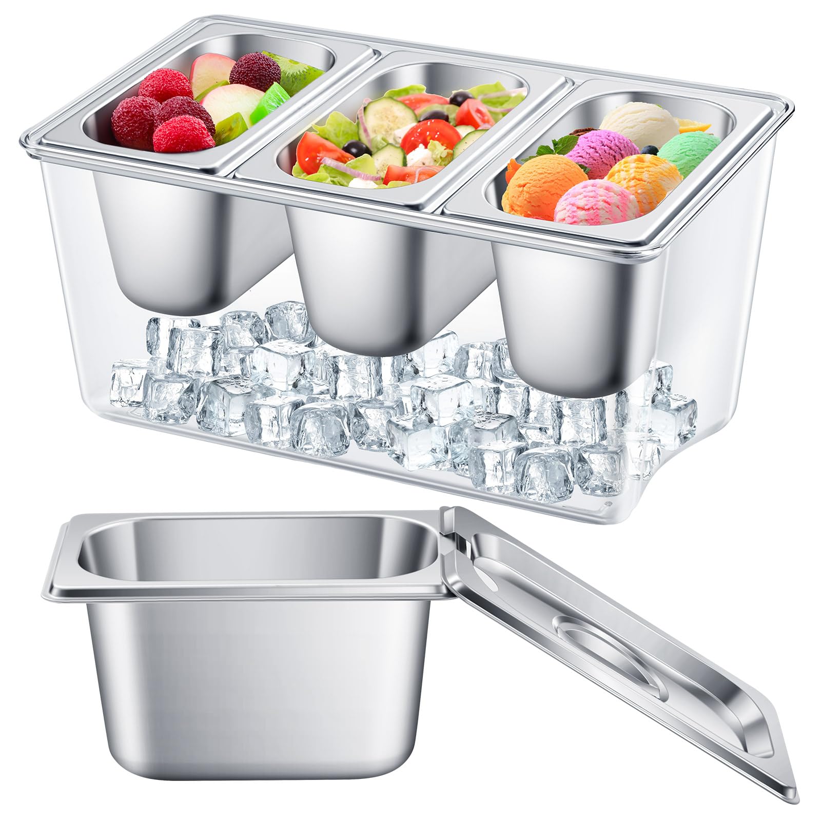 Photo 1 of Singhoow 3 Containers Ice Chilled Condiment Caddy 30.5 oz Stainless Steel Serving Dish with Lids (3.75 Cup) for Bar Cold Accessories, Hummus, Fruit, Salad, Sauces, Restaurant Serving Party Supply