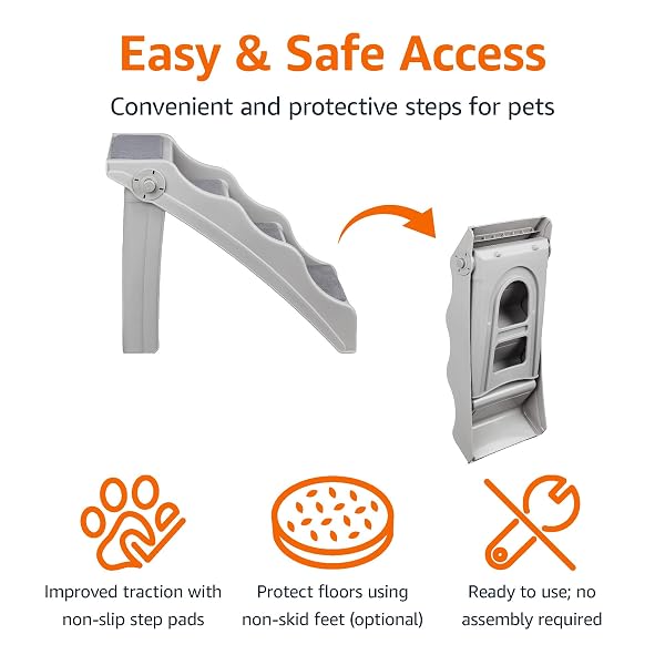 AMAZON BASICS FOLDABLE NON-SLIP PET STAIRS FOR SMALL DOGS AND CATS, SENIOR PETS, EASY TO CLIMB, 14.6″ X 22.75″ X 19.5″, GREY