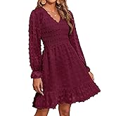BTFBM Spring Dresses for Women 2026 Long Sleeve Casual V Neck Swiss Dot Smocked Ruffle Chiffon Flowy Mini Summer Dress
