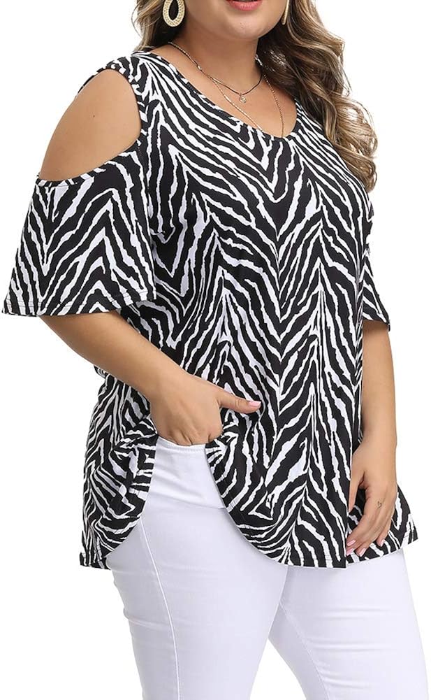 Allegrace Women's Plus Size Floral Printing Cold Shoulder Tunic Top Short Sleeve V Neck T Shirts at  Women’s Clothing store