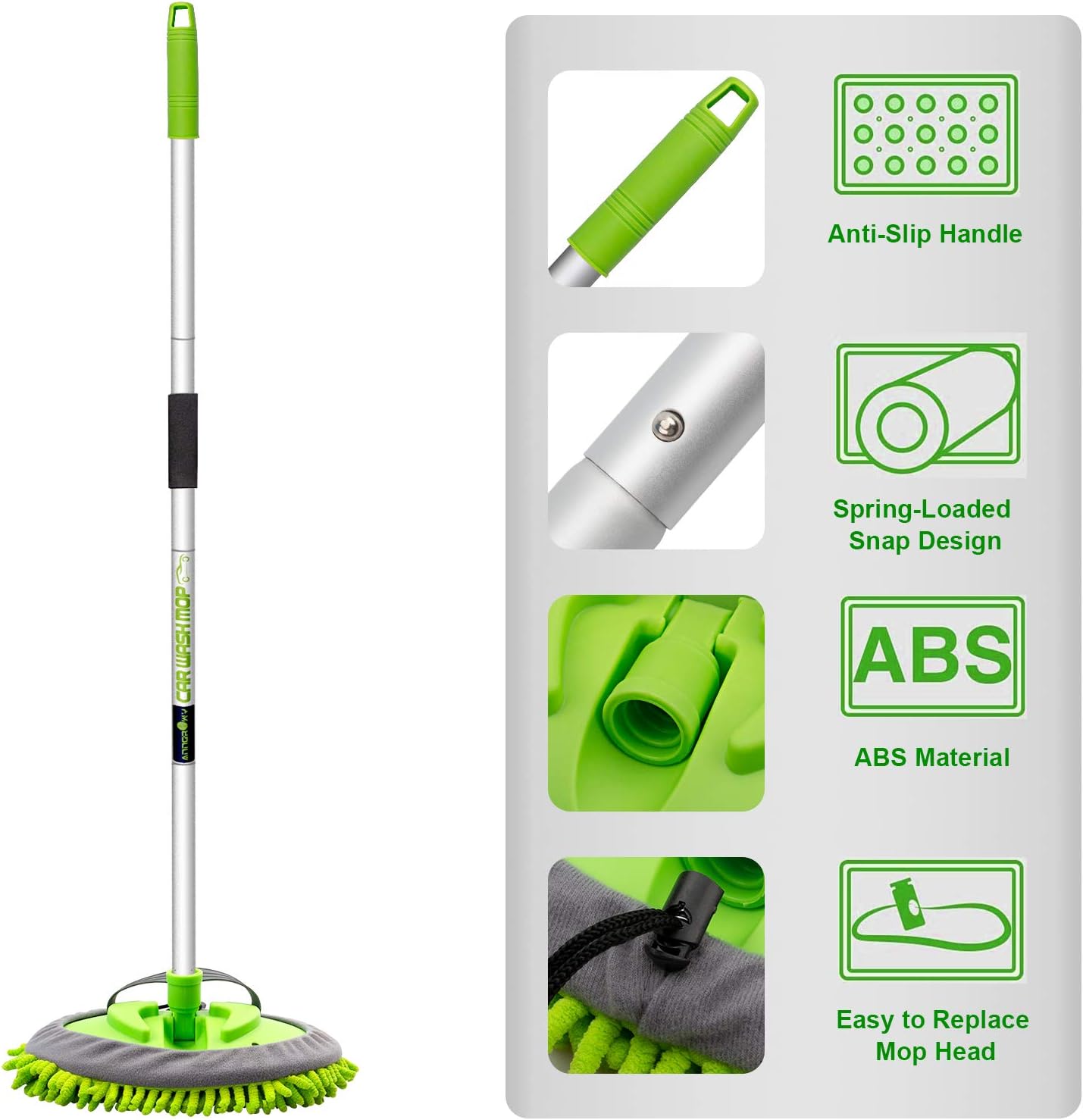 anngrowy 62" Microfiber Car Wash Brush Mop Kit Mitt Sponge with Long Handle Car Cleaning Supplies Kit Duster Washing Car Tools Accessories, 1 Chenille Scratch-Free Replacement Head Aluminum Alloy Pole: Automotive
