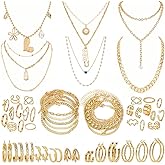 HaHaGirl Stocking Stuffers Gold plate and Silver Plated Jewelry Sets Stocking Stuffers for Women Costume Jewelry Chain Necklace Bracelet Earrings and Rings Sets for Women Bulk Jewelry