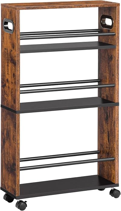 HOOBRO Slim Storage Trolley 4-Tier Narrow Kitchen Cart Rustic Brown Black