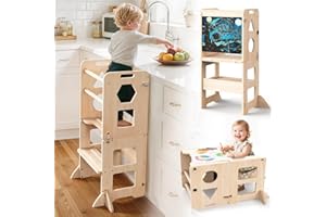 Woodure 4-in-1 Toddler Kitchen Step Stool, Foldable Learning Standing Tower with Blackboard, Wooden Kitchen Stool Helper for Kids, 1-3 Year Old Boy Girl Gifts