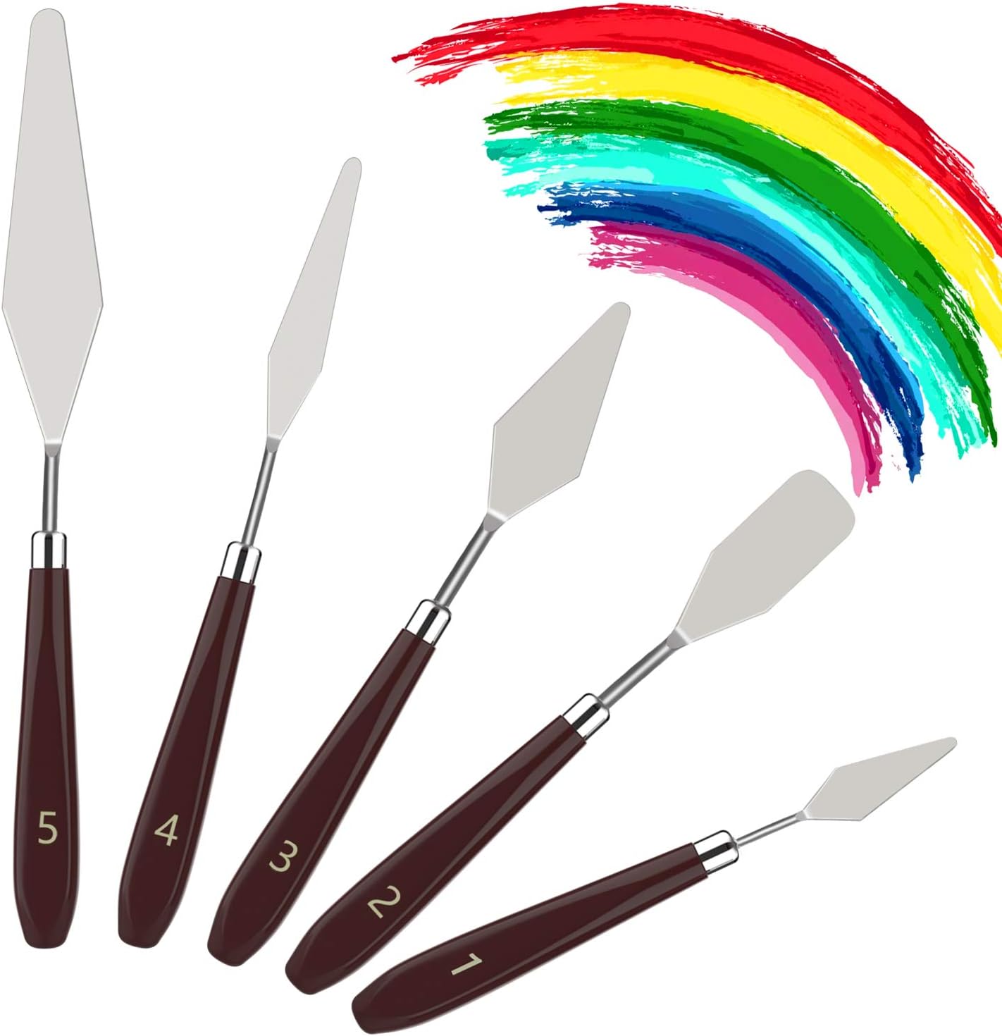 MoKo 5 Pieces Stainless Steel Palette Knife Set, Thin and Flexible Art Tools with Wooden Handle for Oil Painting, Color Mixing, Thick Application Acrylic Painting, Reddish Brown