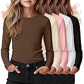 LessonZoo 5 Pack Girls' Long Sleeve Thermal Shirts Round Neck Fleece Lined Underwear Casual Basic Tops Winter Base Layer