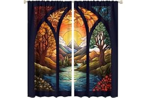 ESPROUTTY Stained Glass Curtains, Stained Glass Curtains, Churches Windows Mosaic Art Beautiful Nature Scenery Stained Glass Art Window Treatment for Living Room Bedroom Kitchen 21"W x 45"L x2【Decor】