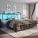 Homkdom Queen Size Bed Frame Metal Platform with Headboard & LED Light, Bed Frame with Under Bed Storage/No Box Spring Needed/Noise-Free/Easy Assembly, Black