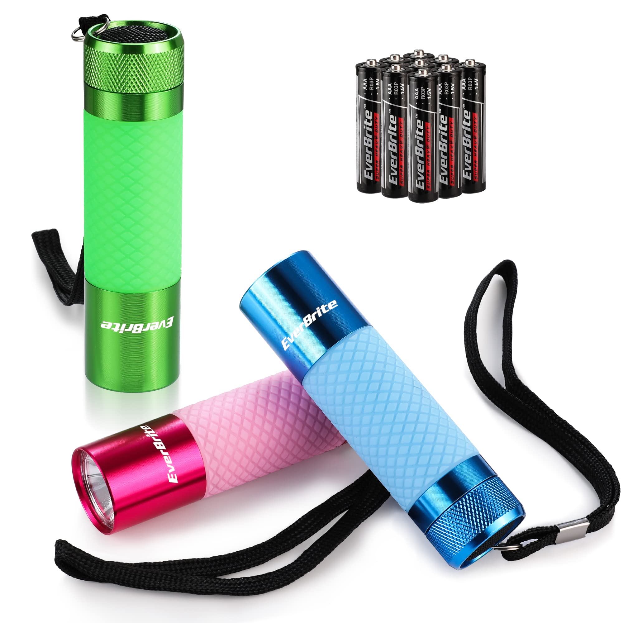 Photo 1 of EverBrite 3-Pack Mini Flashlights, Glow in Dark Flashlights, Aluminum LED Flashlights Party Favors Assorted Colors for Camping, Hiking, Indoor, 9XAAA Batteries Included