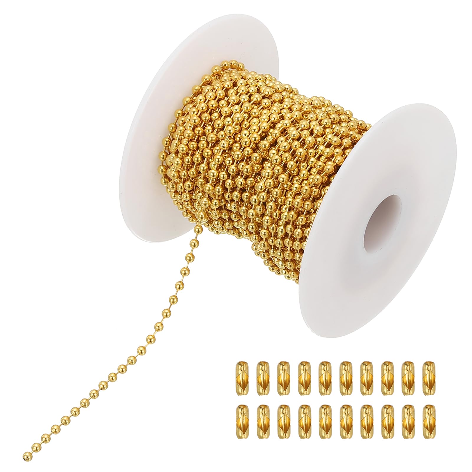 PATIKIL 10m/32.8ft Beaded Ball Chain, 2.4mm Stainless Steel Pull Chain Extension with 20 Pcs Connectors for Tag Chain, Keychain Rings, DIY Crafts, Golden
