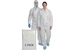 PENTAGON SAFETY EQUIPMENT Heavy Duty Disposable Coveralls with Hood, Breathable Type 5 Protective Suits (Pack of 5)