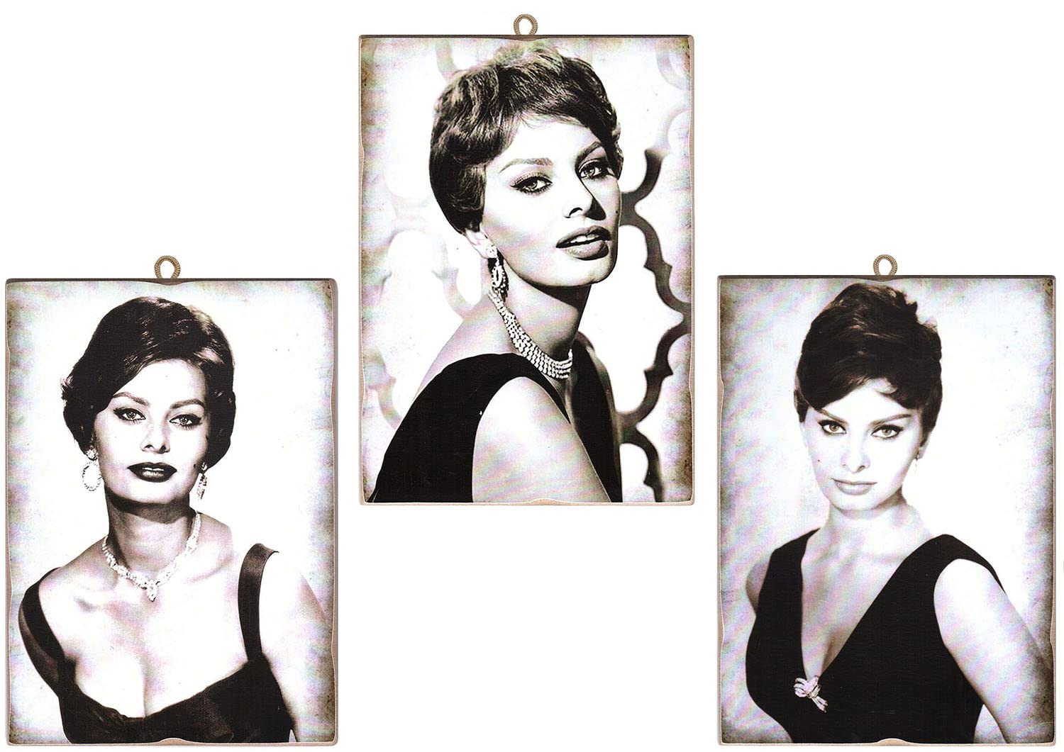 KUSTOM ART Composition of 3 Paintings Vintage Style Sofia Loren. Print on Wood 18x25 cm. For Restaurant Pizzeria Bar Hotel.