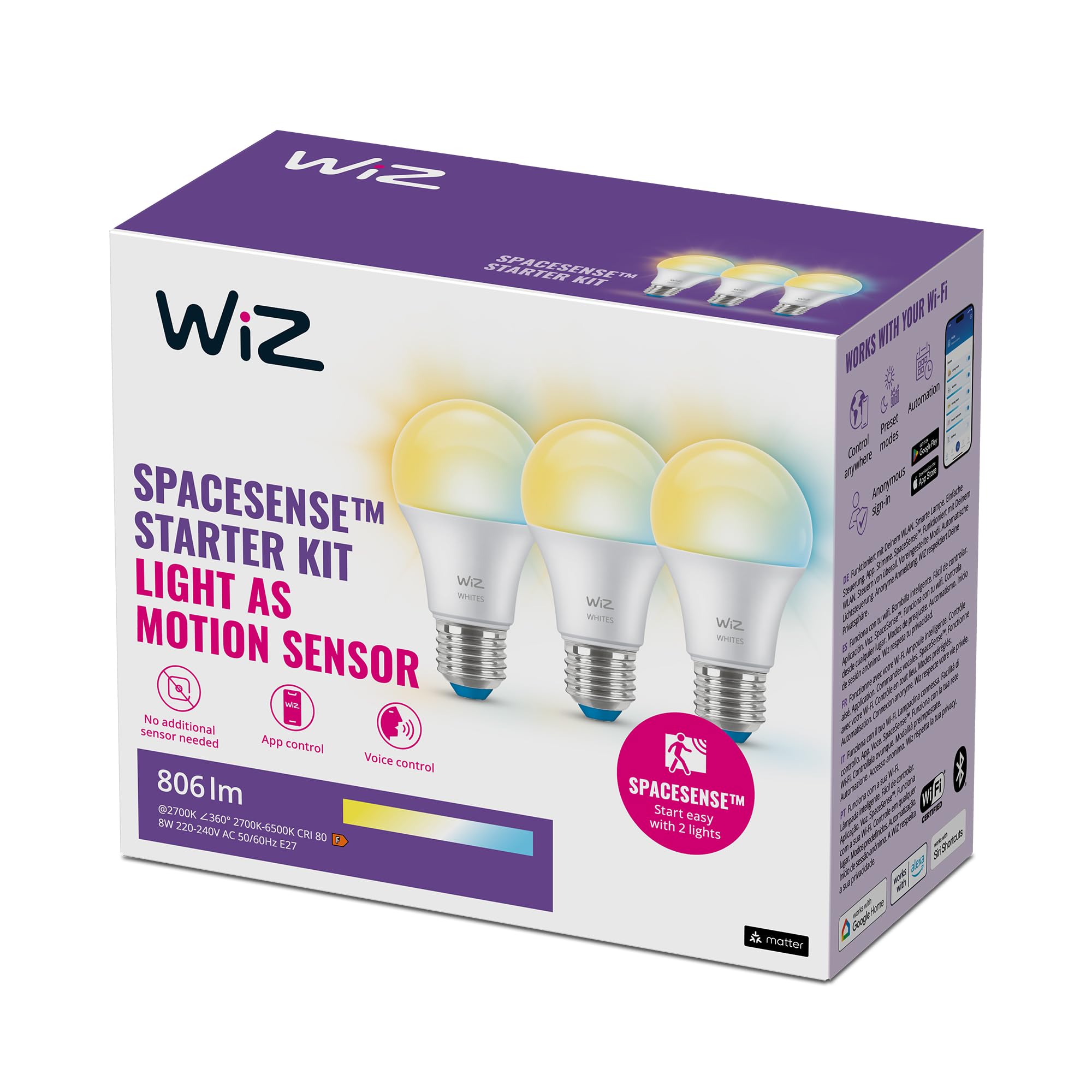 WiZ Smart Bulb, E27, 60W, Shades of White, Smart LED Connected WiFi Works with Alexa, Google Assistant & HomeKit, App Control for Home Indoor Lighting, Livingroom, Bedroom, Energy Monitoring, 3 Pack โ image 1