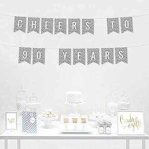 Silver Cheers to 90 Years Pennant Banner