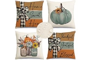RABUSOFA Fall Outdoor Pillows Waterproof 18x18 Inch Set of 4 Thanksgiving Decorations for Autumn Home Sweet Home Thankful Grateful Blessed Pumpkin Decorative Throw Pillowcases for Patio Couch