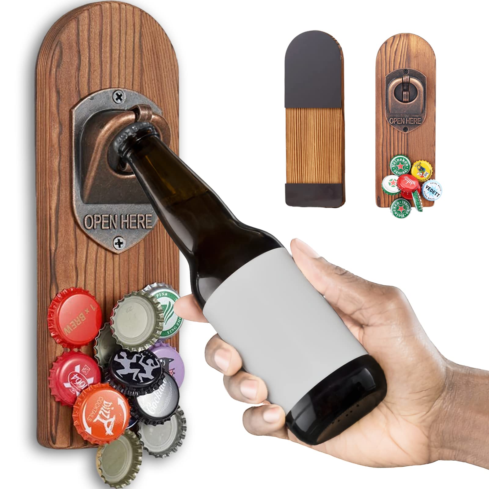 ZONSUSE Magnetic Bottle Openers with Catcher, Wall Mounted Wooden Beer Bottle Opener, Personalised Traceless Corkscrew, Home Bar Accessories for Kitchen, Garden, Outdoor, Ideal Beer Gifts for Men