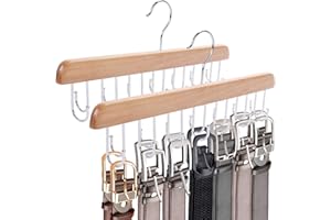 JOHOUSE Belt Organizer for Closet Max 42 Belts, 2 PCS Wooden Hanger for Storage with 14 Rotating Hooks Each, Durable Tie Holder Space Saver for Bra, Tank Top, Scarf